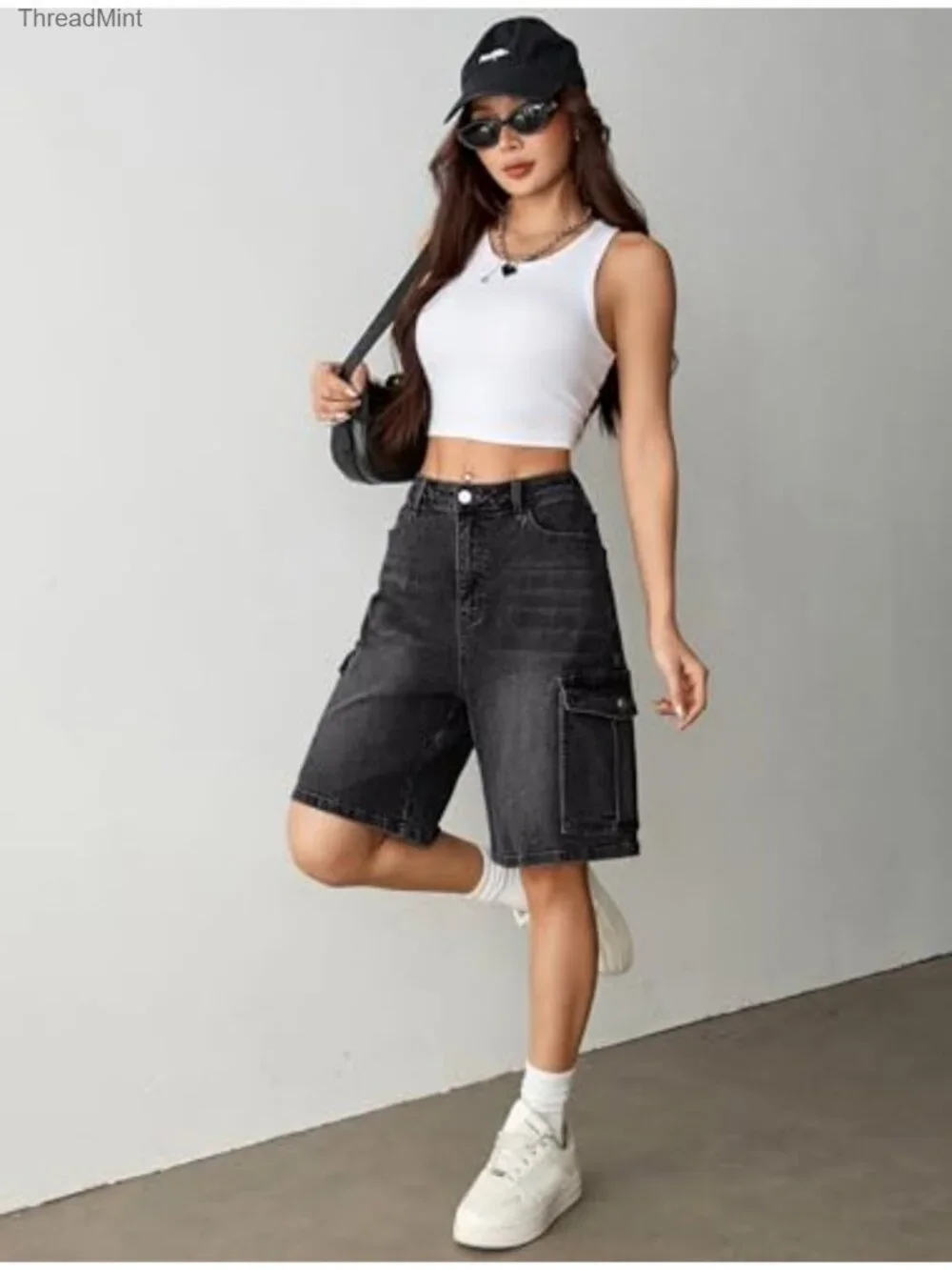 Y2K Baggy Bermuda Cargo Jorts for Women 6 Pockets Stretchy Denim Knee Length